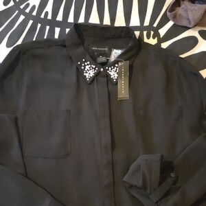 Investments Black Blouse with Pearl-Trim Collar